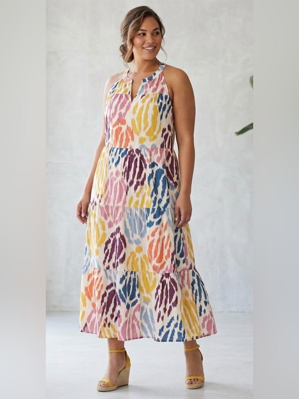 T Tahari Abstract Ikat Tiered Cotton Boho Maxi Dress Multi-Color L